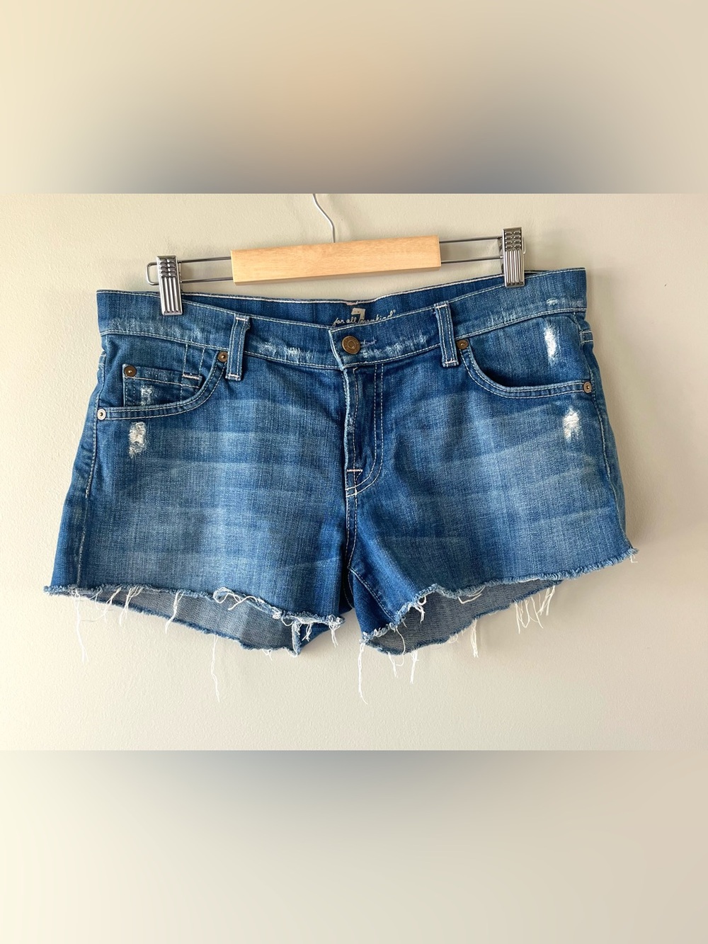 7 For All Mankind Denim Cutoff Shorts Size 29 Distressed Medium Wash 2.5" Inseam